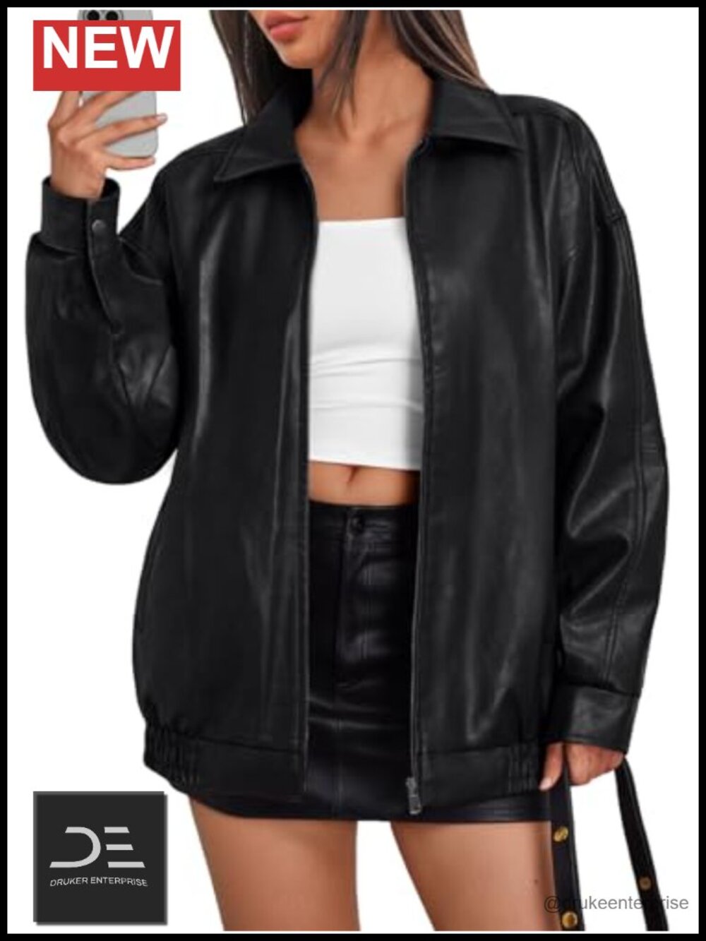 Oversized Vegan Leather Moto Bomber Jacket Zip-Up Cocoon Coat Women